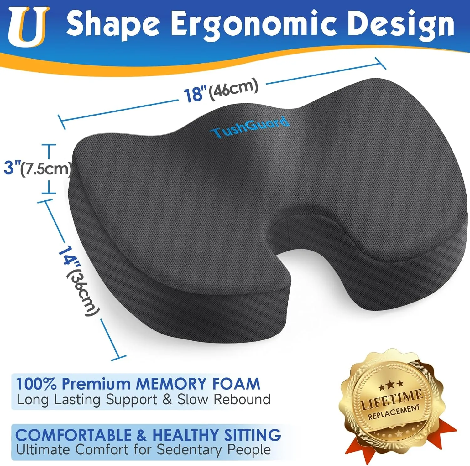 TushGuard Seat Cushion for Office Chair Memory Foam Non-Slip Desk Seat Cushion Back, Coccyx, Sciatica, Tailbone Pain Relief Butt Pillow for Office Chair, Car, Wheelchair, Grey