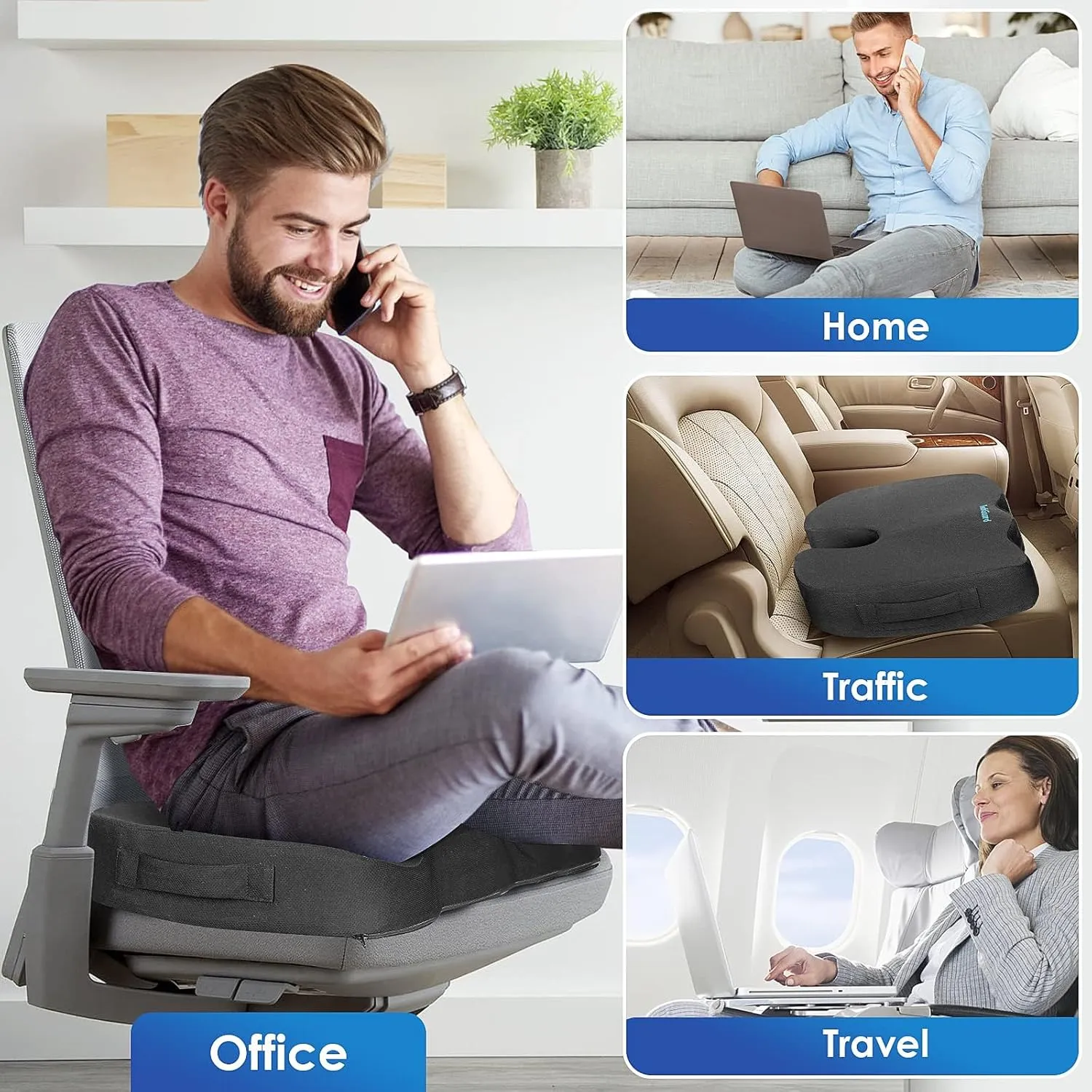 TushGuard Seat Cushion for Office Chair Memory Foam Non-Slip Desk Seat Cushion Back, Coccyx, Sciatica, Tailbone Pain Relief Butt Pillow for Office Chair, Car, Wheelchair, Grey