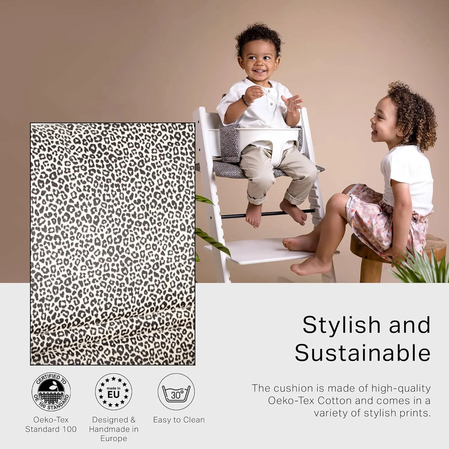 UKJE Cushion Compatible with Stokke Tripp Trapp - Soft Seat for Infants, Babies & Toddlers, High Chair Accessories, Cotton Fabric Insert, Easy to Install, Handmade in Europe (Leopard)