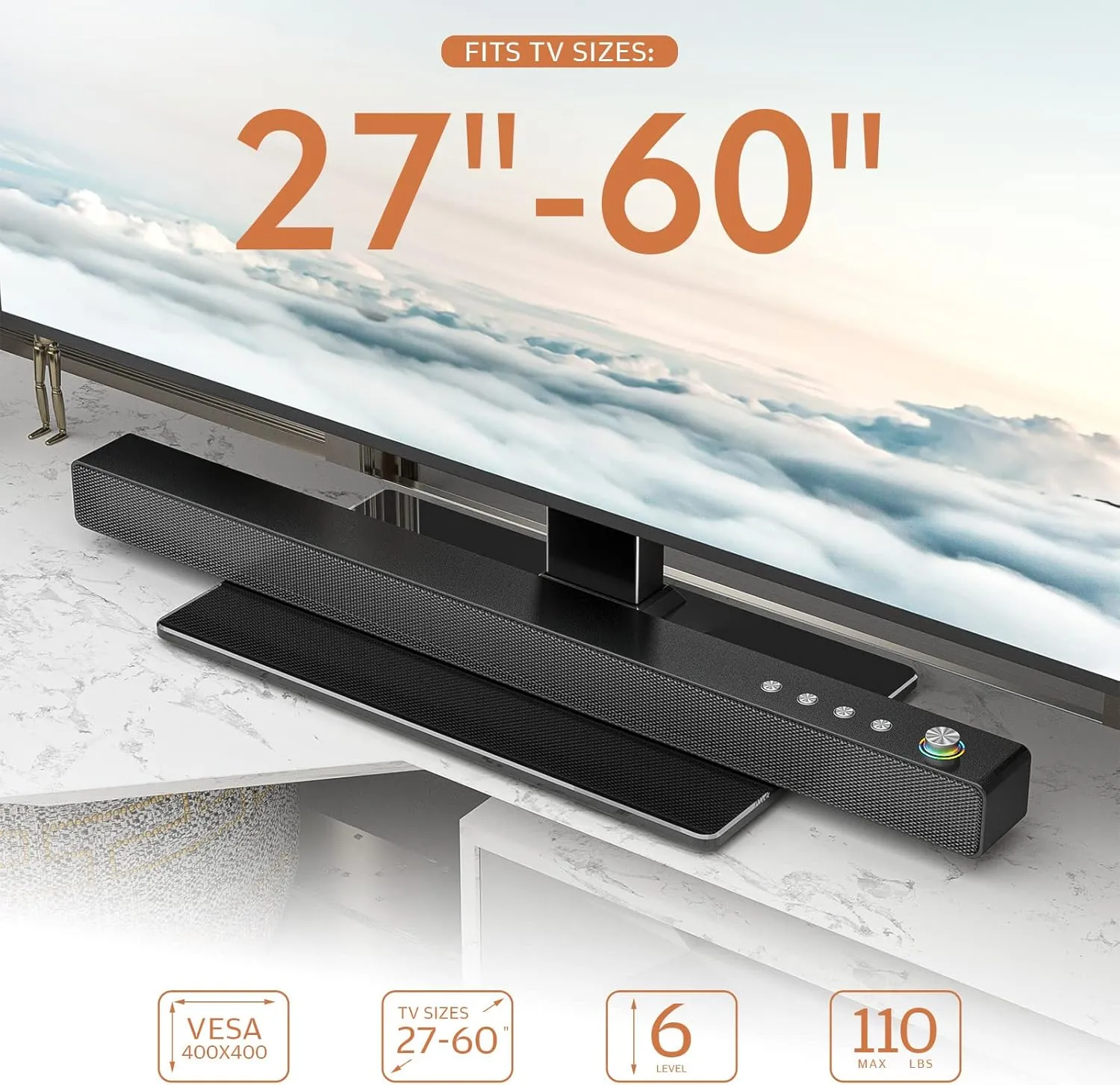 Universal TV Stand - Table Top TV Stand for 27-60 inch LCD LED TVs - 6 Level Height Adjustable TV Base Stand with Tempered Glass Base & Wire Management, VESA 400x400mm