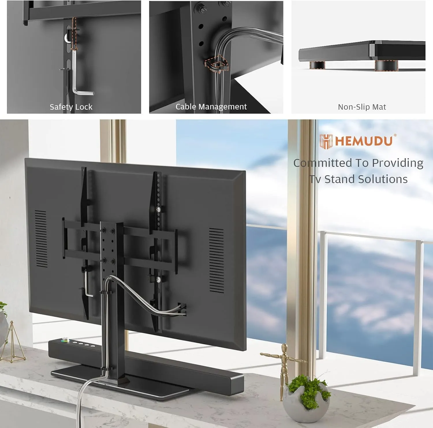 Universal TV Stand - Table Top TV Stand for 27-60 inch LCD LED TVs - 6 Level Height Adjustable TV Base Stand with Tempered Glass Base & Wire Management, VESA 400x400mm