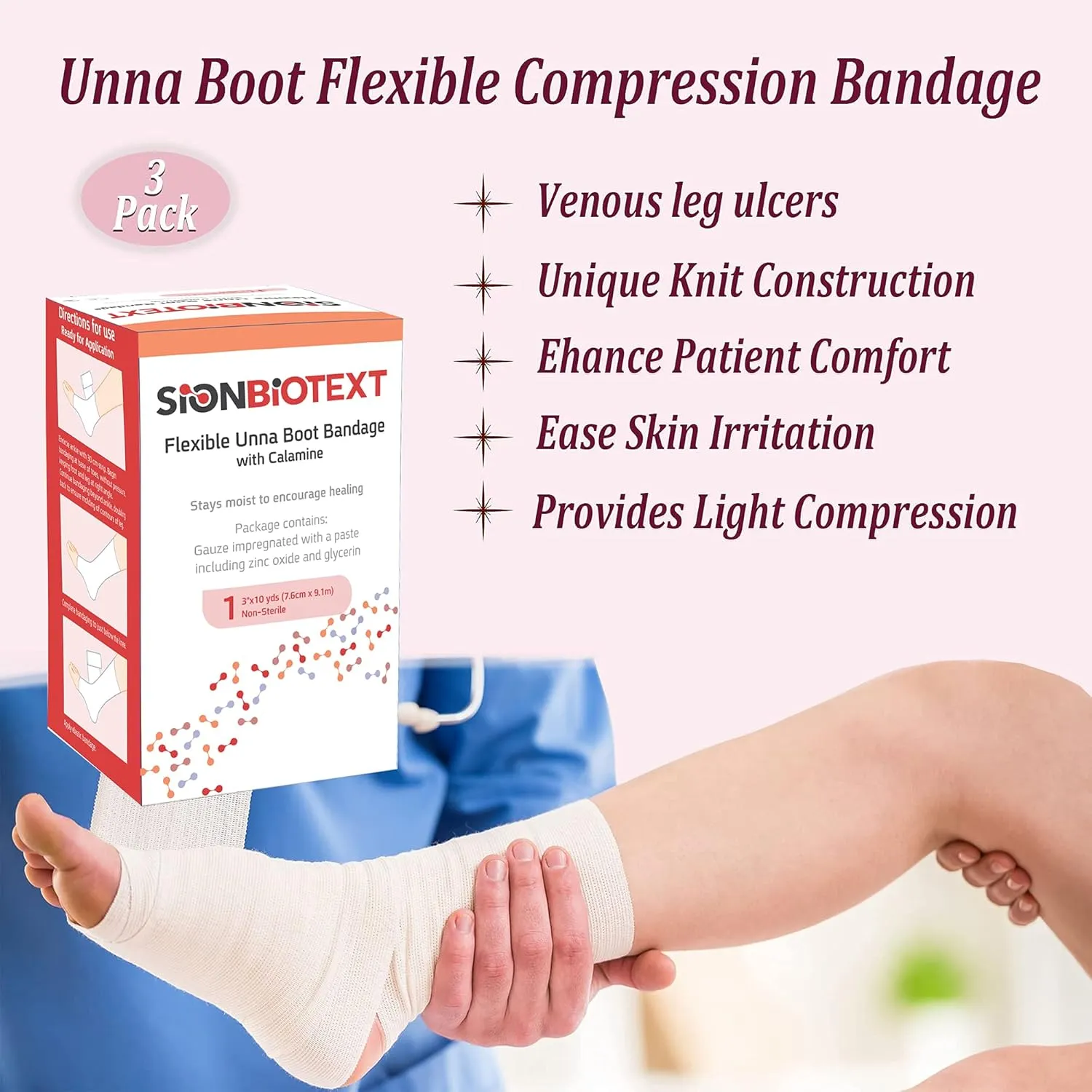 Unna Boot with Zinc and Calamine – 3” x 10 Yards Flexible Compression Bandage – Moist Healing Environment – Ideal for Venous Leg Ulcers, Lymphedema, Sprains, and Skin Grafts – Pack of 3