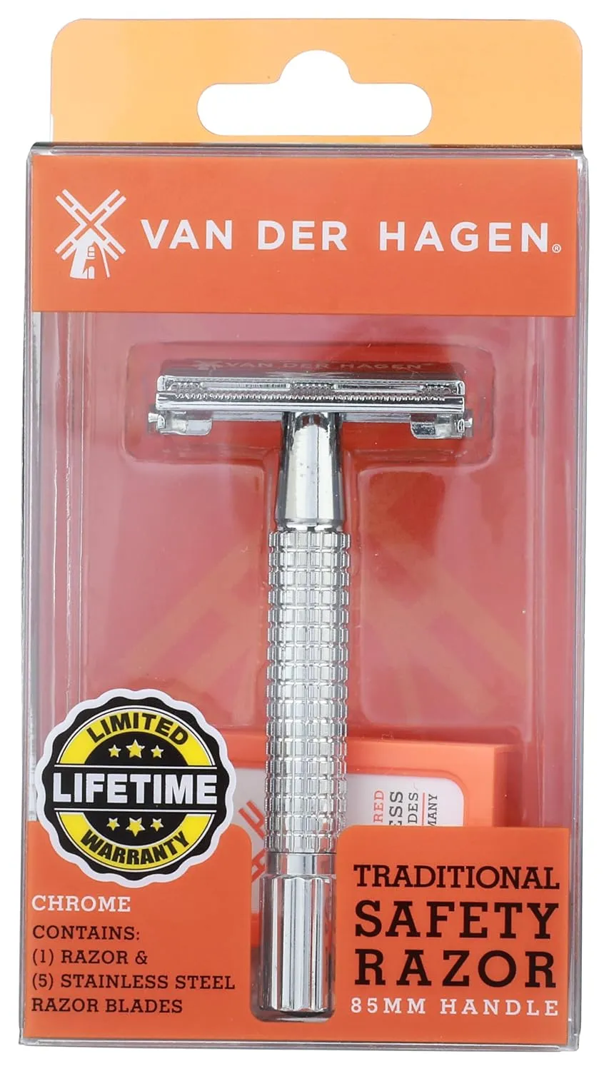Van Der Hagen® Men’s Traditional Safety Razor Kit (includes 5 blades) for a close shave in Chrome