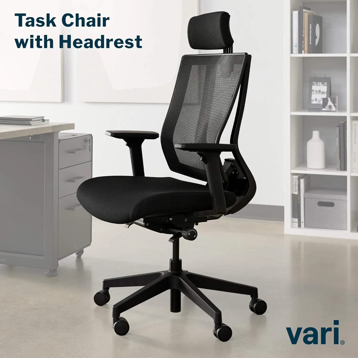 Vari Task Chair with Headrest (VariDesk) - Adjustable Height Ergonomic Office Desk Chair with Armrests & Casters - Breathable Mesh Computer Chair with Lumbar Support - Easy Assembly - Black
