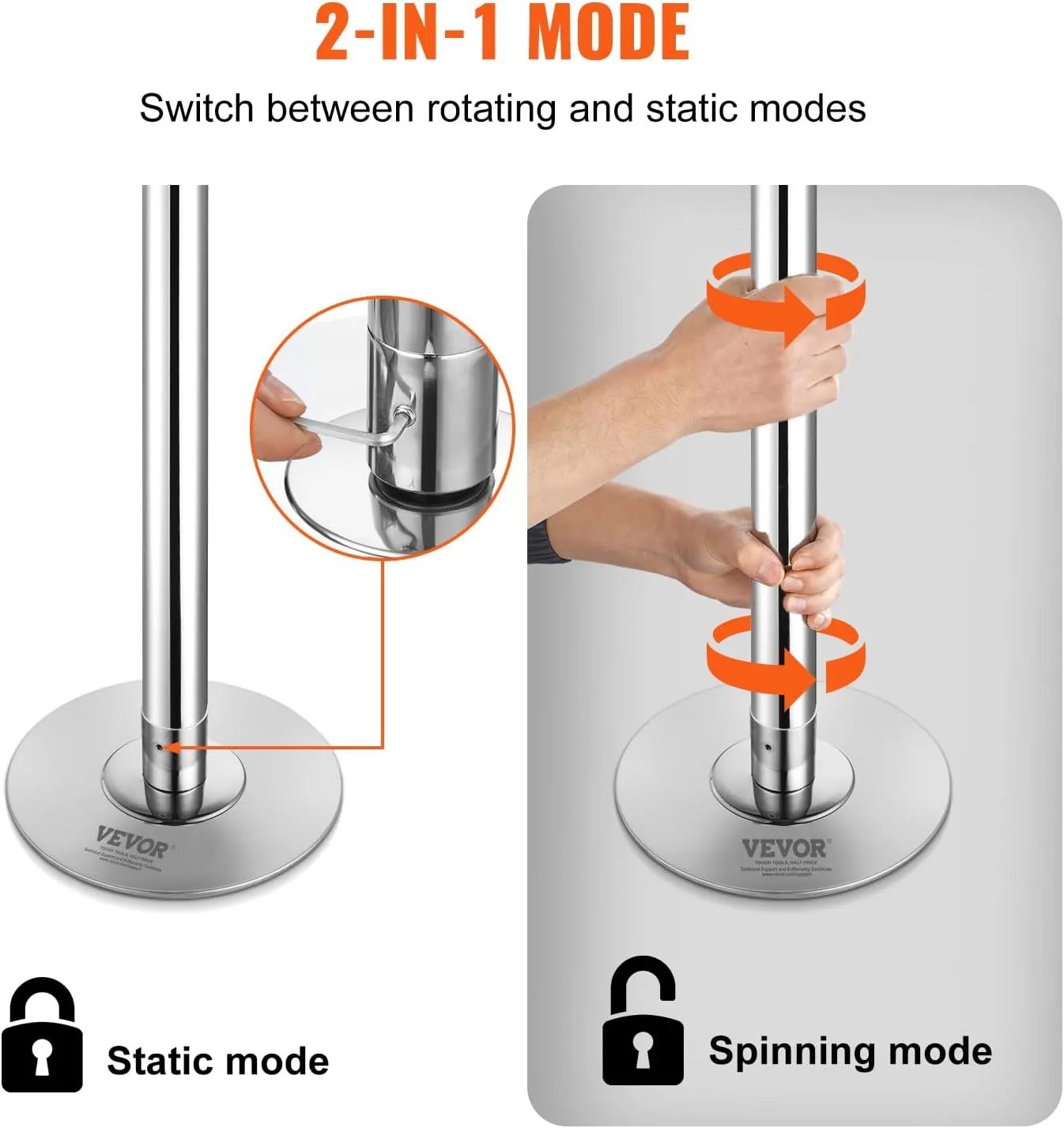 VEVOR Professional Dancing Pole, Spinning Static Dancing Pole Kit, Portable Removable Pole, 45mm Heavy-Duty Stainless Steel Pole, Height Adjustable Fitness Pole, for Exercise Home Club Gym, Silver