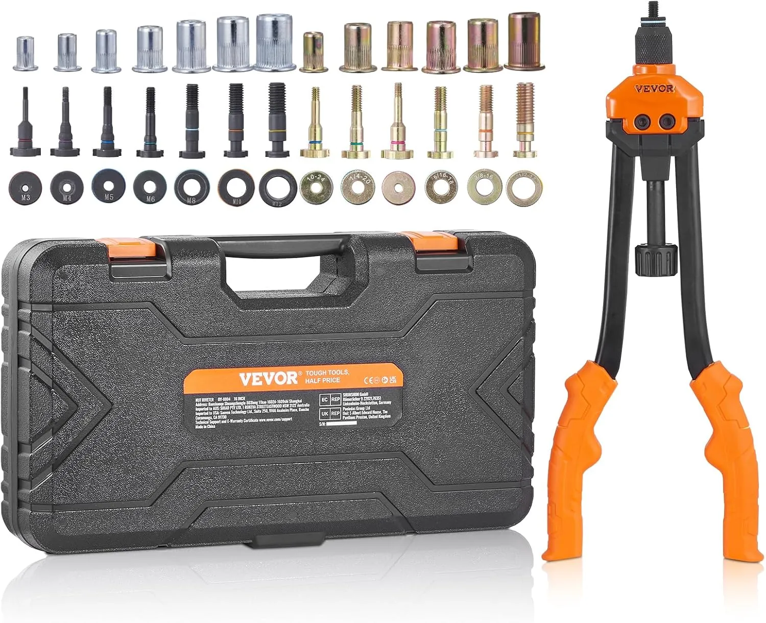 VEVOR Rivet Nut Tool, 16 inch Rivnut Tool Kit with 13PCS Metric and SAE Mandrels, 186PCS Rivet Nuts, Semi-auto Retraction, M3, M4, M5, M6, M8, M10, M12, 1/4-20, 5/16-18, 3/8-16, 1/2-13, 8-32, 10-24