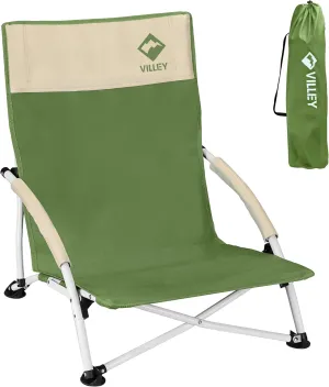 VILLEY Beach Camping Chair, Low Sling Outdoor Portable Lightweight Chair, Cross-Legged Low Chair, Foldable Easy Chair with Carry Bag, for Hiking, Fishing, Climbing, Garden, Sports Events, Green