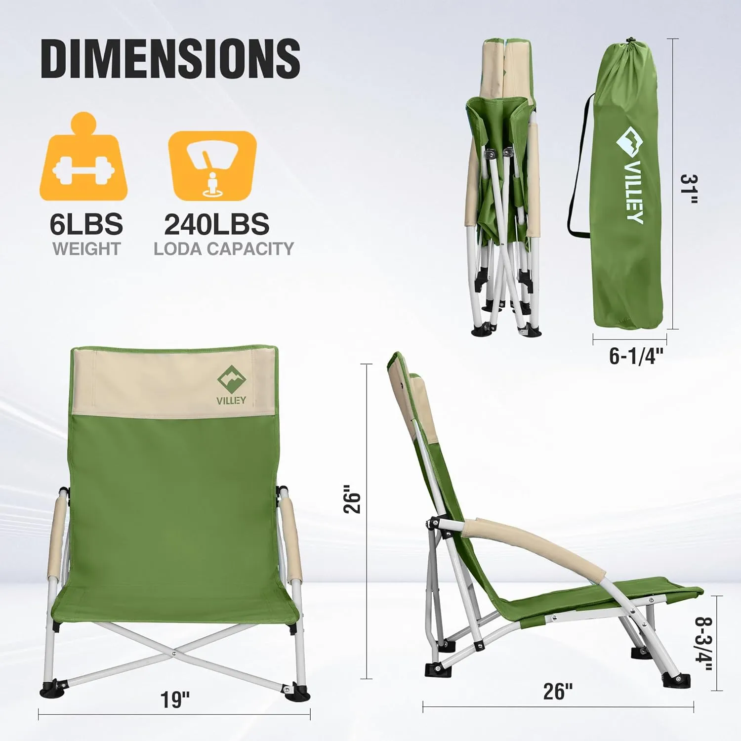 VILLEY Beach Camping Chair, Low Sling Outdoor Portable Lightweight Chair, Cross-Legged Low Chair, Foldable Easy Chair with Carry Bag, for Hiking, Fishing, Climbing, Garden, Sports Events, Green