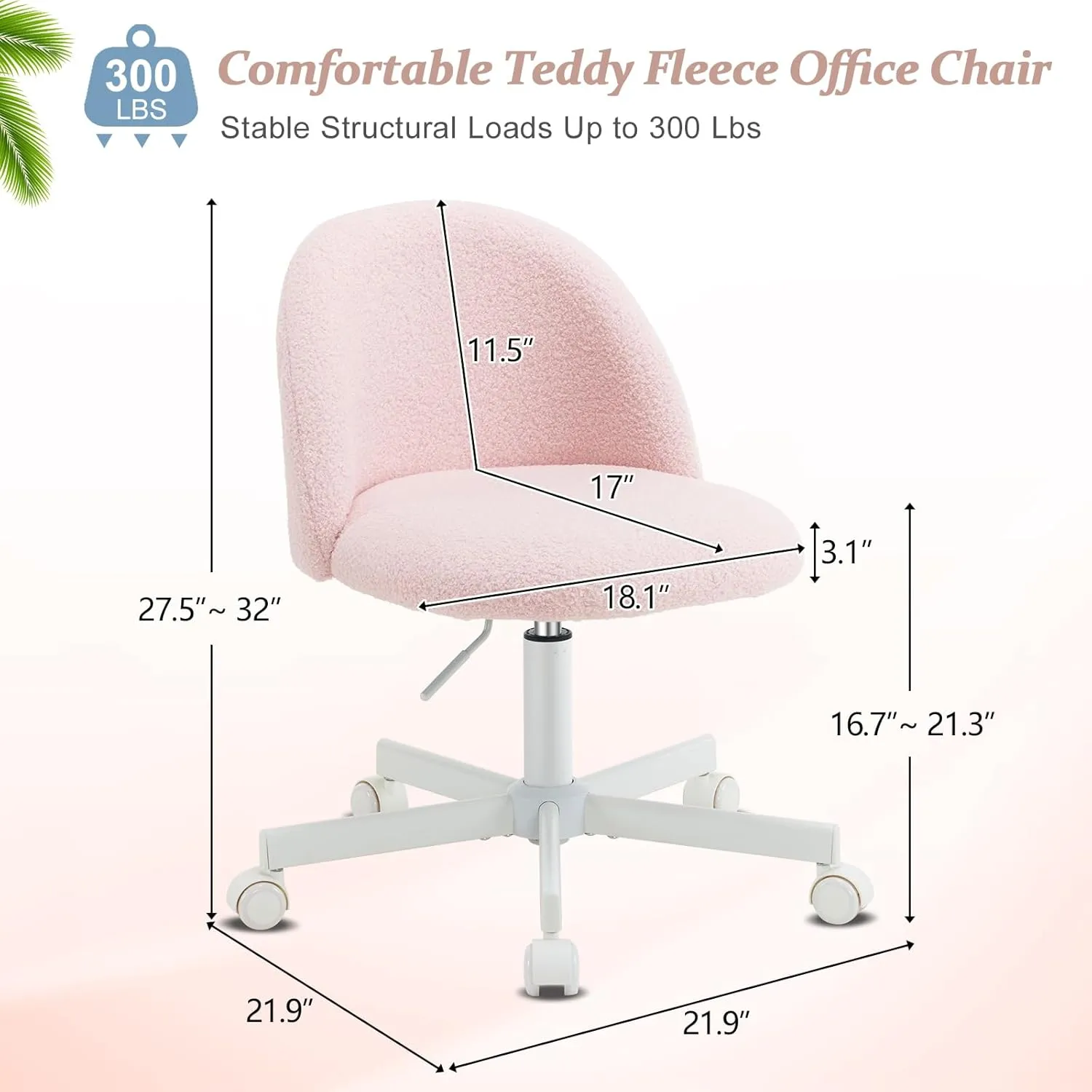 VINGLI Cute Candy Chair Armless Comfy Small Office Desk Vanity Chair with Wheels & Lumbar Support,Teddy Adjustable Rolling Swivel Computer Task Ch for Home Office,Bedroom,Gentle Pink