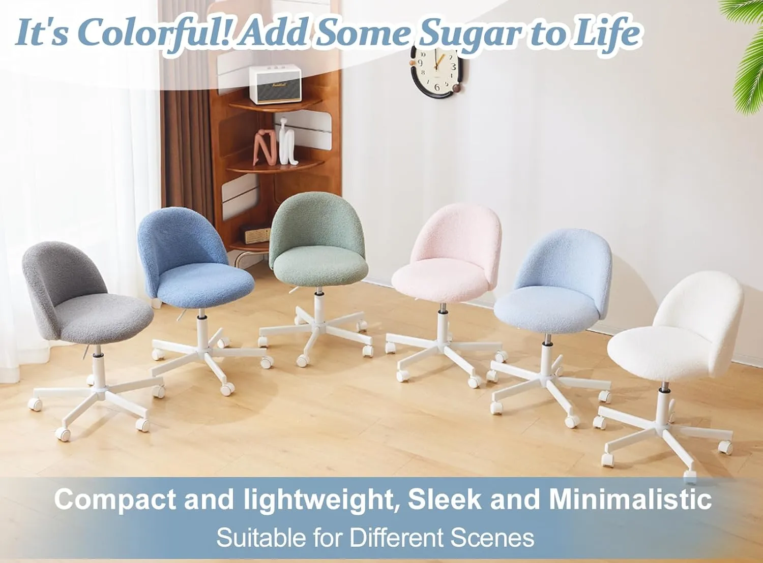 VINGLI Cute Candy Chair Armless Comfy Small Office Desk Vanity Chair with Wheels & Lumbar Support,Teddy Adjustable Rolling Swivel Computer Task Ch for Home Office,Bedroom,Gentle Pink