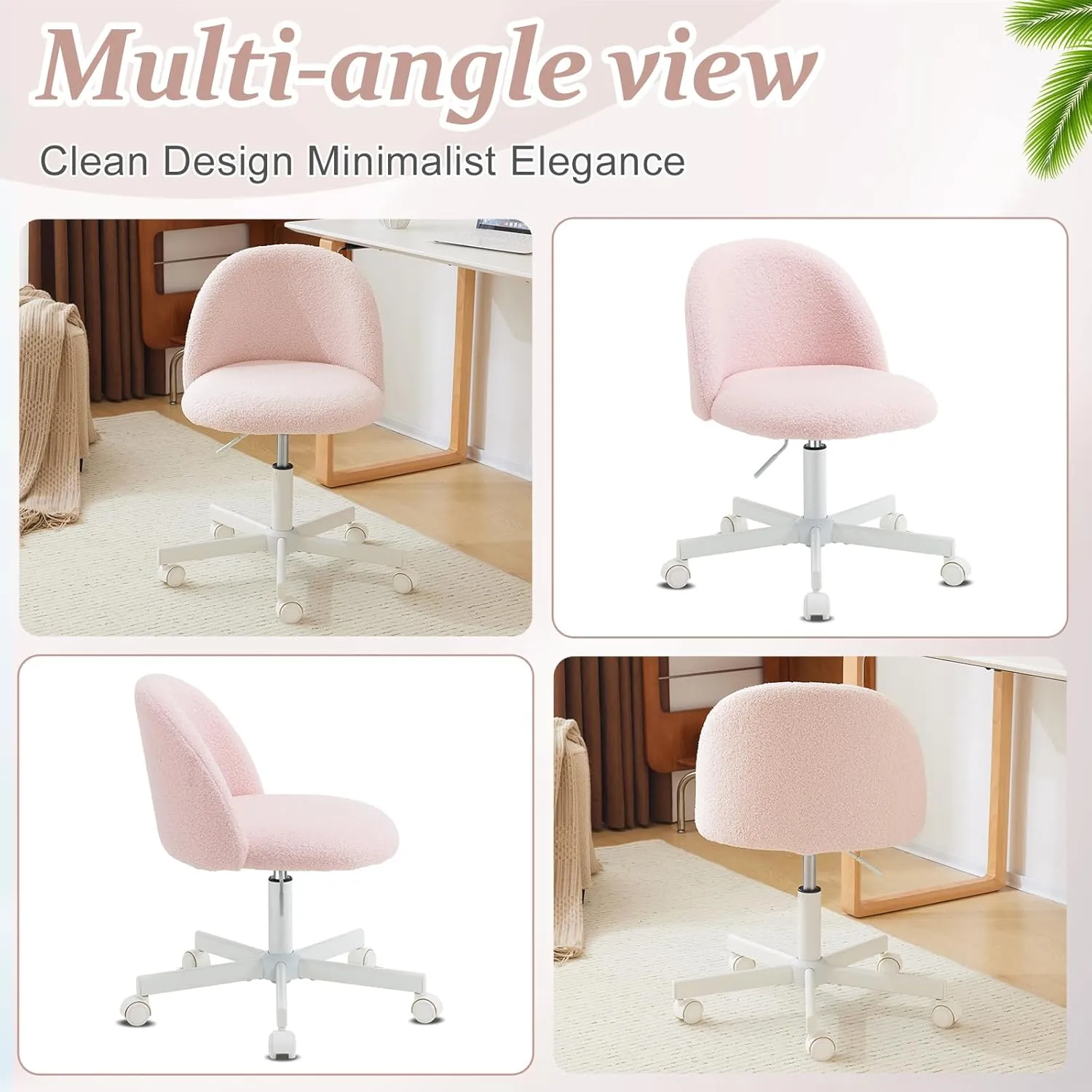 VINGLI Cute Candy Chair Armless Comfy Small Office Desk Vanity Chair with Wheels & Lumbar Support,Teddy Adjustable Rolling Swivel Computer Task Ch for Home Office,Bedroom,Gentle Pink