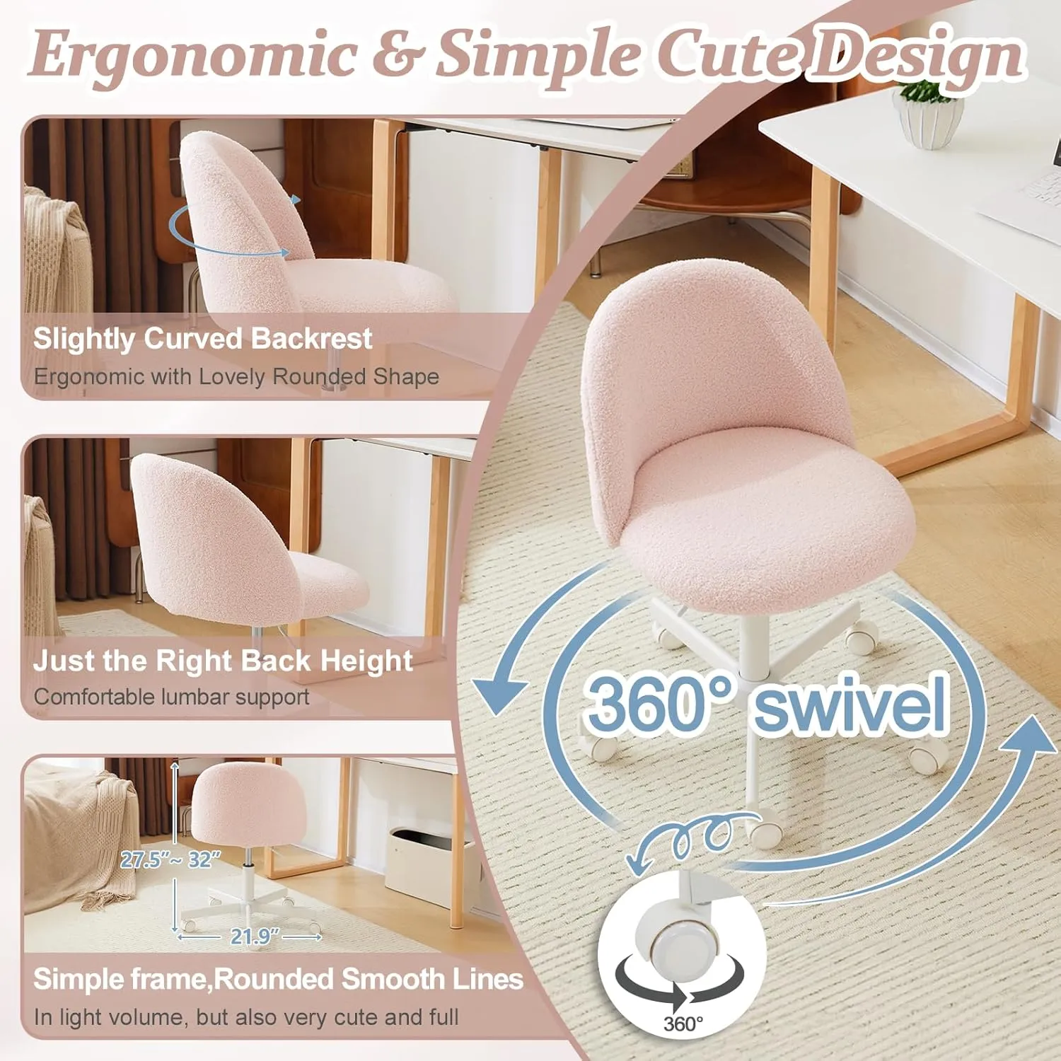 VINGLI Cute Candy Chair Armless Comfy Small Office Desk Vanity Chair with Wheels & Lumbar Support,Teddy Adjustable Rolling Swivel Computer Task Ch for Home Office,Bedroom,Gentle Pink