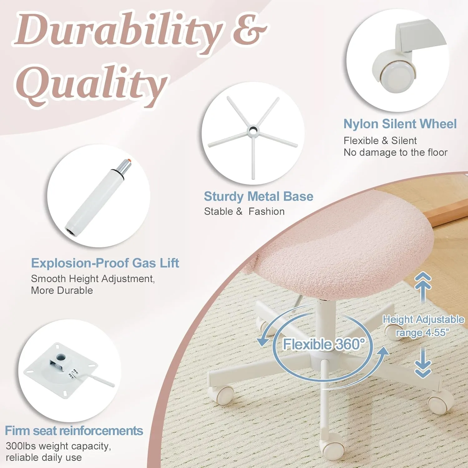 VINGLI Cute Candy Chair Armless Comfy Small Office Desk Vanity Chair with Wheels & Lumbar Support,Teddy Adjustable Rolling Swivel Computer Task Ch for Home Office,Bedroom,Gentle Pink