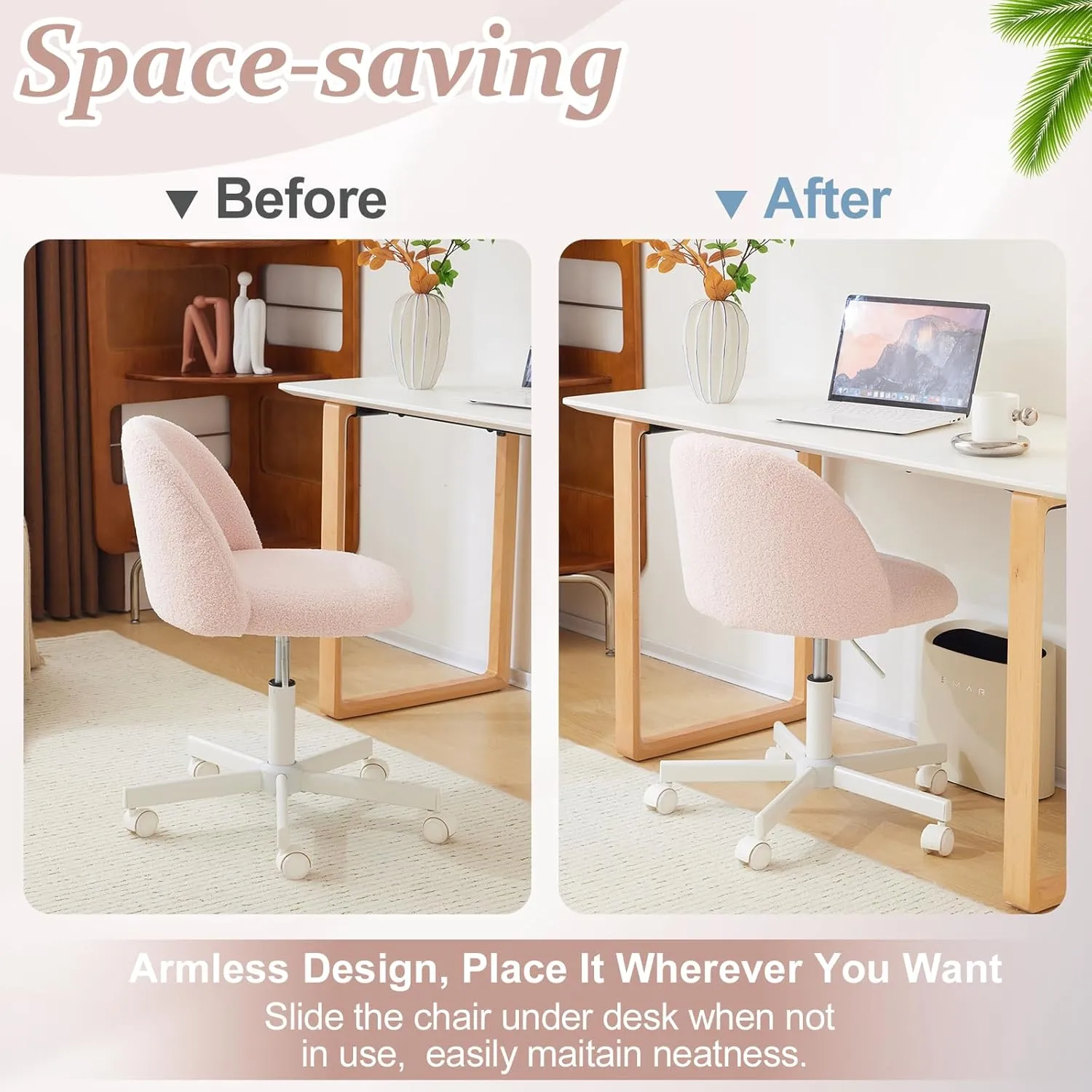 VINGLI Cute Candy Chair Armless Comfy Small Office Desk Vanity Chair with Wheels & Lumbar Support,Teddy Adjustable Rolling Swivel Computer Task Ch for Home Office,Bedroom,Gentle Pink