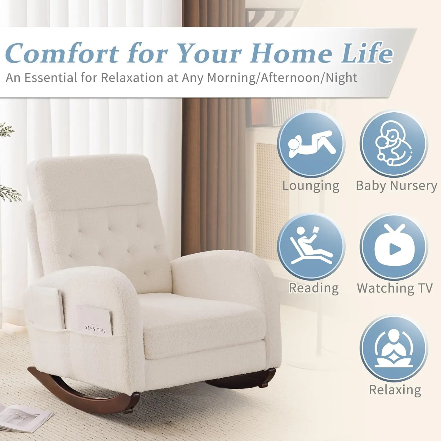 VINGLI Teddy Fleece Low Seat Rocking Chair,Boucle Upholstered Nursery Glider Chair with Side Pockets,Accent Arm Chair with High Backrest,Comfy Head Rest,Solid Wood,for Living Room, Bedroom,Beige