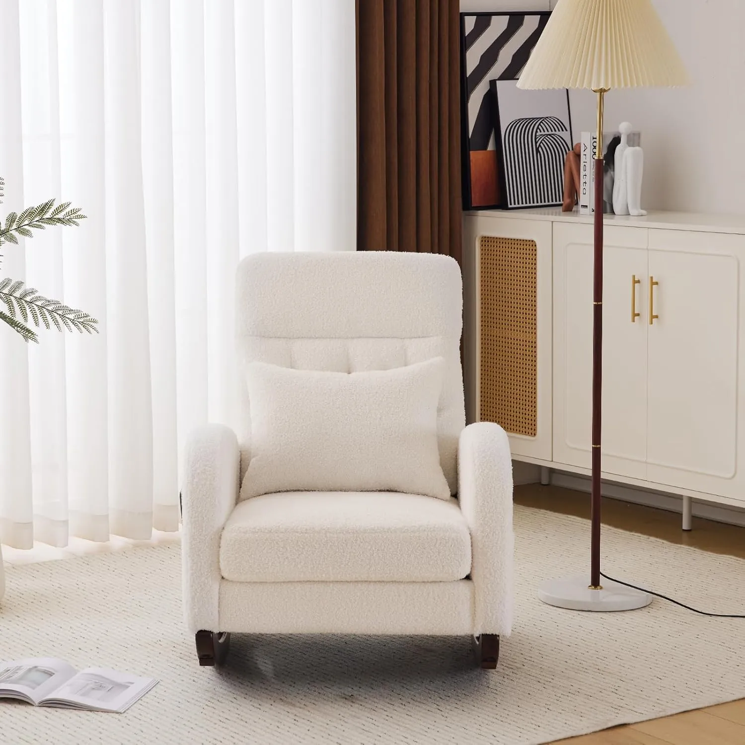 VINGLI Teddy Fleece Low Seat Rocking Chair,Boucle Upholstered Nursery Glider Chair with Side Pockets,Accent Arm Chair with High Backrest,Comfy Head Rest,Solid Wood,for Living Room, Bedroom,Beige