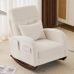 VINGLI Teddy Fleece Low Seat Rocking Chair,Boucle Upholstered Nursery Glider Chair with Side Pockets,Accent Arm Chair with High Backrest,Comfy Head Rest,Solid Wood,for Living Room, Bedroom,Beige