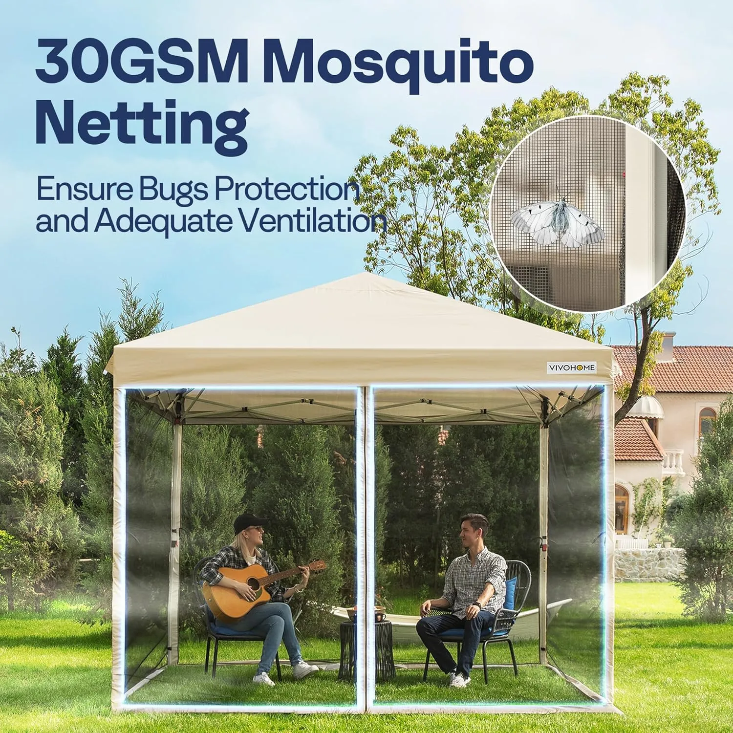 VIVOHOME 8x8ft Easy Pop-Up Canopy, Outdoor Screen Tent with Mosquito Netting, 2 Zipper Doors, and Roller Bag for Yard Camping Picnic Party Events, Beige