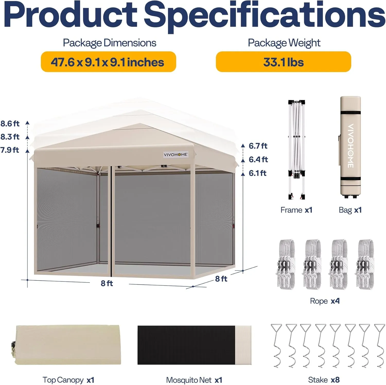 VIVOHOME 8x8ft Easy Pop-Up Canopy, Outdoor Screen Tent with Mosquito Netting, 2 Zipper Doors, and Roller Bag for Yard Camping Picnic Party Events, Beige