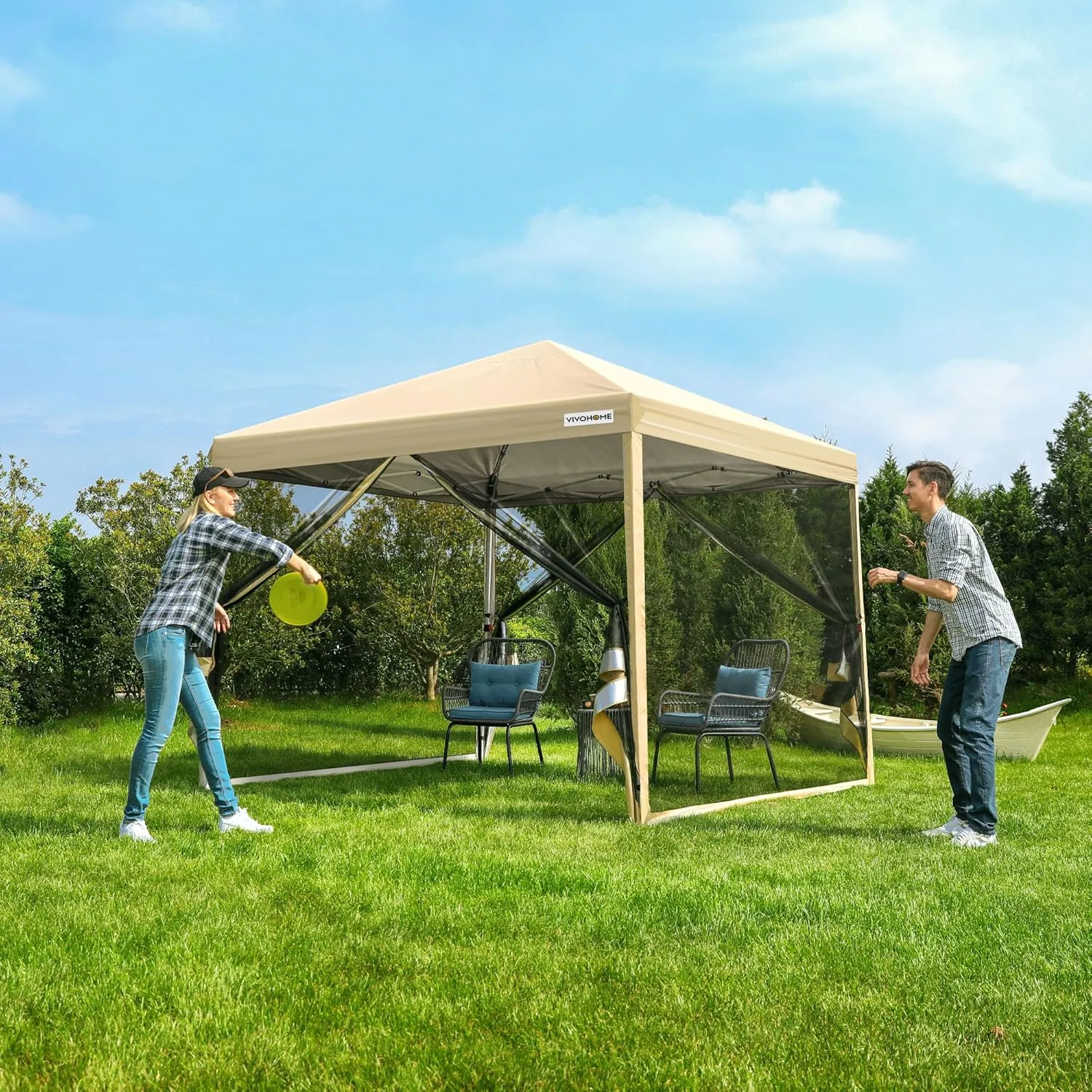VIVOHOME 8x8ft Easy Pop-Up Canopy, Outdoor Screen Tent with Mosquito Netting, 2 Zipper Doors, and Roller Bag for Yard Camping Picnic Party Events, Beige