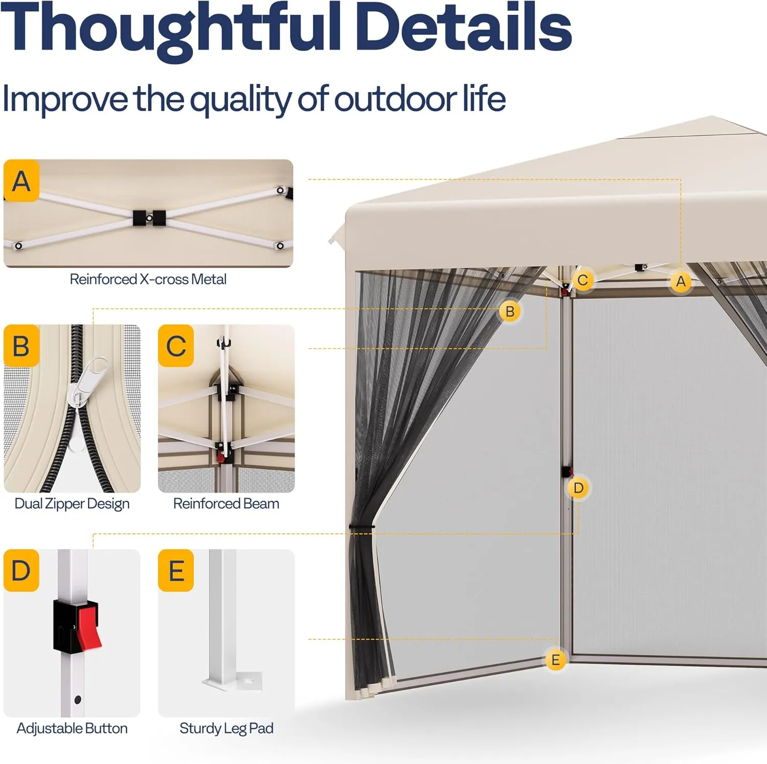 VIVOHOME 8x8ft Easy Pop-Up Canopy, Outdoor Screen Tent with Mosquito Netting, 2 Zipper Doors, and Roller Bag for Yard Camping Picnic Party Events, Beige