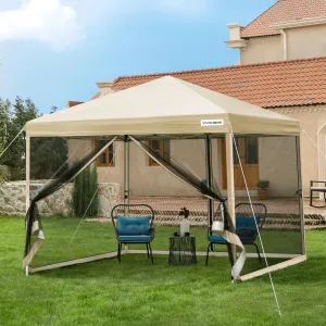 VIVOHOME 8x8ft Easy Pop-Up Canopy, Outdoor Screen Tent with Mosquito Netting, 2 Zipper Doors, and Roller Bag for Yard Camping Picnic Party Events, Beige