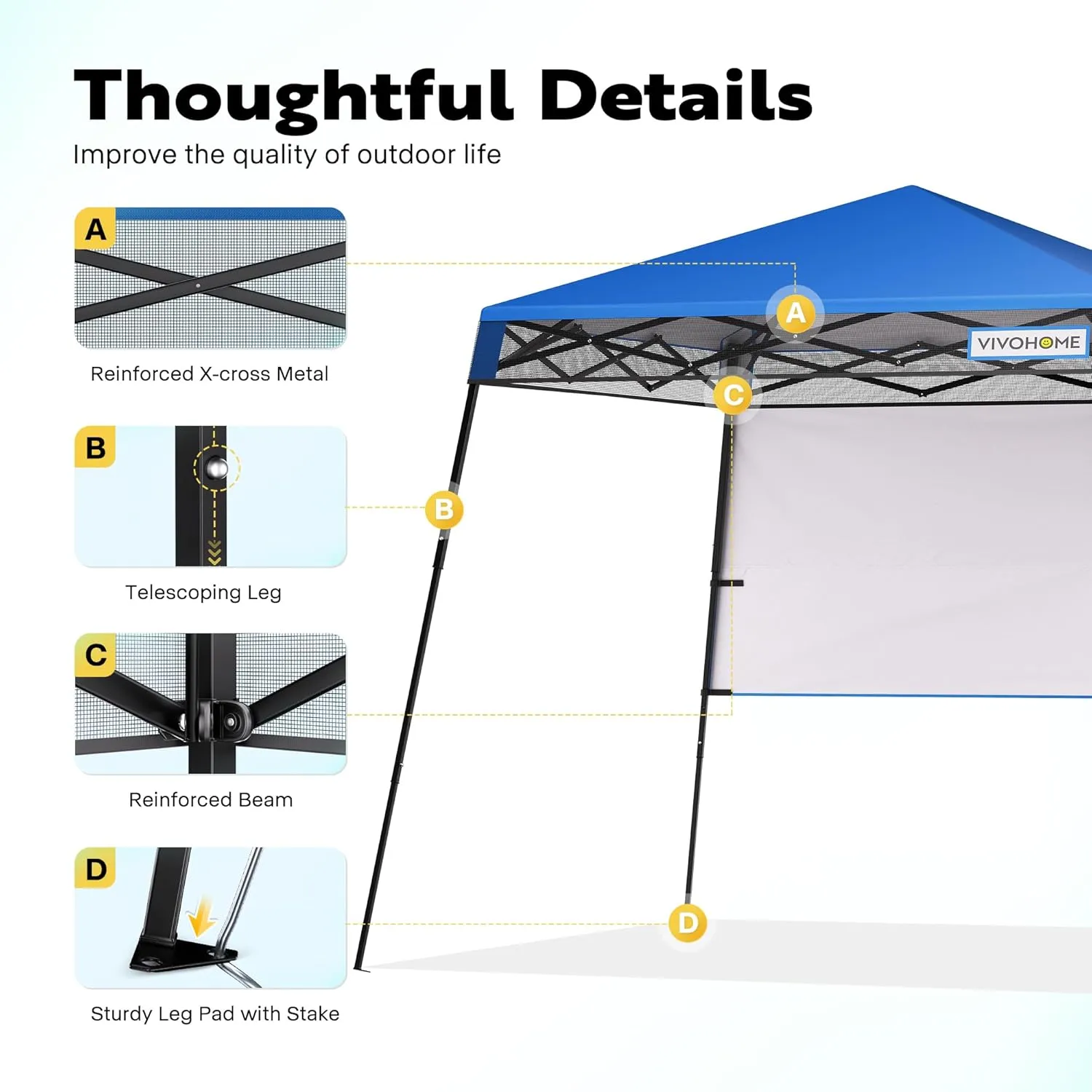VIVOHOME 8x8ft Pop-Up Canopy Tent with Central Lock Design, Slant Legs, Backpack, and Side Wall, Portable Shelter for Camping, Party, Yard, and Beach Events, Blue