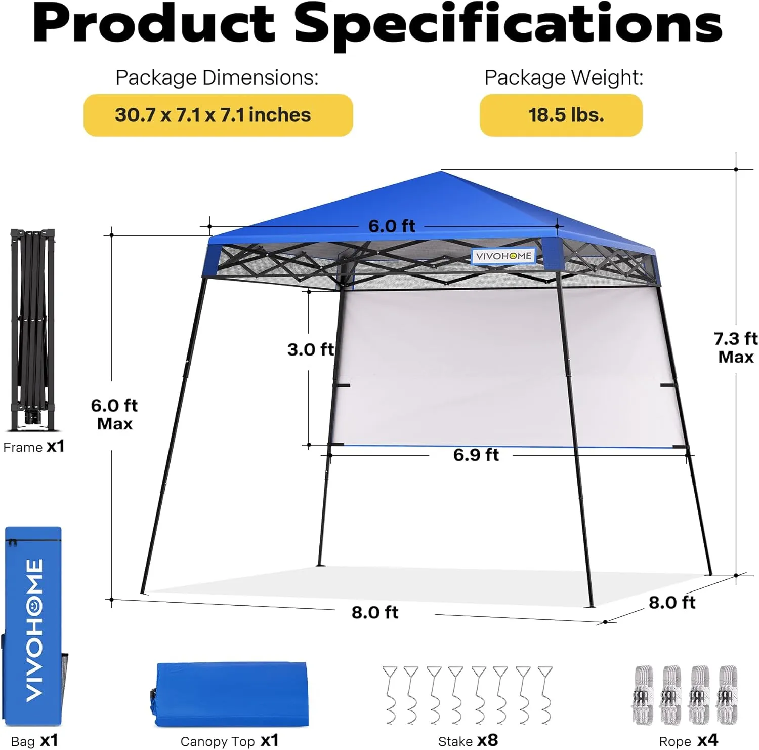 VIVOHOME 8x8ft Pop-Up Canopy Tent with Central Lock Design, Slant Legs, Backpack, and Side Wall, Portable Shelter for Camping, Party, Yard, and Beach Events, Blue