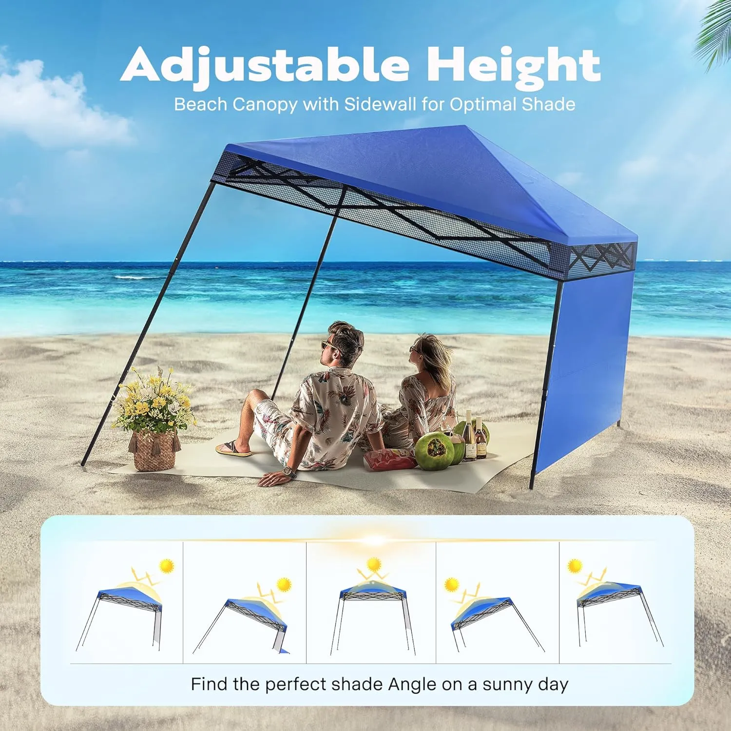 VIVOHOME 8x8ft Pop-Up Canopy Tent with Central Lock Design, Slant Legs, Backpack, and Side Wall, Portable Shelter for Camping, Party, Yard, and Beach Events, Blue