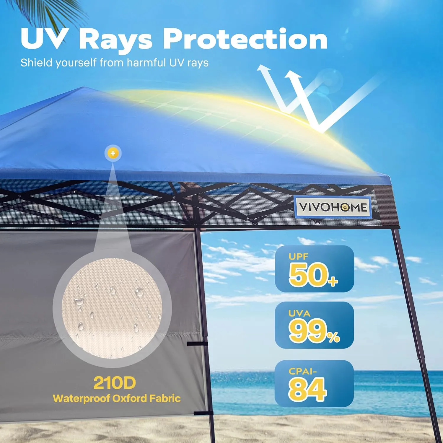 VIVOHOME 8x8ft Pop-Up Canopy Tent with Central Lock Design, Slant Legs, Backpack, and Side Wall, Portable Shelter for Camping, Party, Yard, and Beach Events, Blue