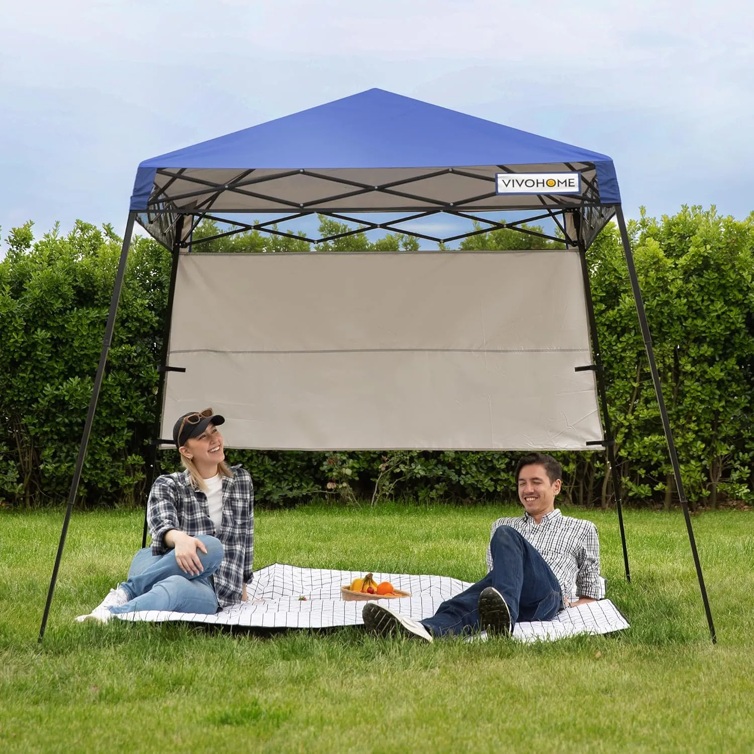 VIVOHOME 8x8ft Pop-Up Canopy Tent with Central Lock Design, Slant Legs, Backpack, and Side Wall, Portable Shelter for Camping, Party, Yard, and Beach Events, Blue