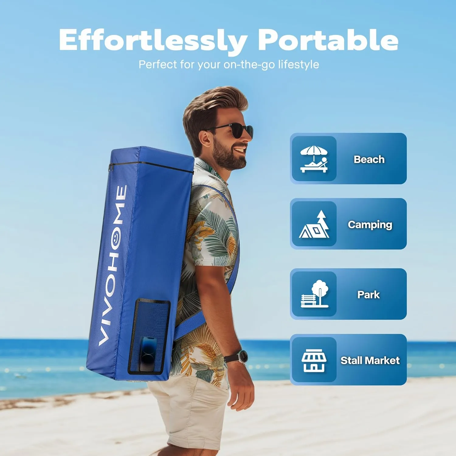 VIVOHOME 8x8ft Pop-Up Canopy Tent with Central Lock Design, Slant Legs, Backpack, and Side Wall, Portable Shelter for Camping, Party, Yard, and Beach Events, Blue