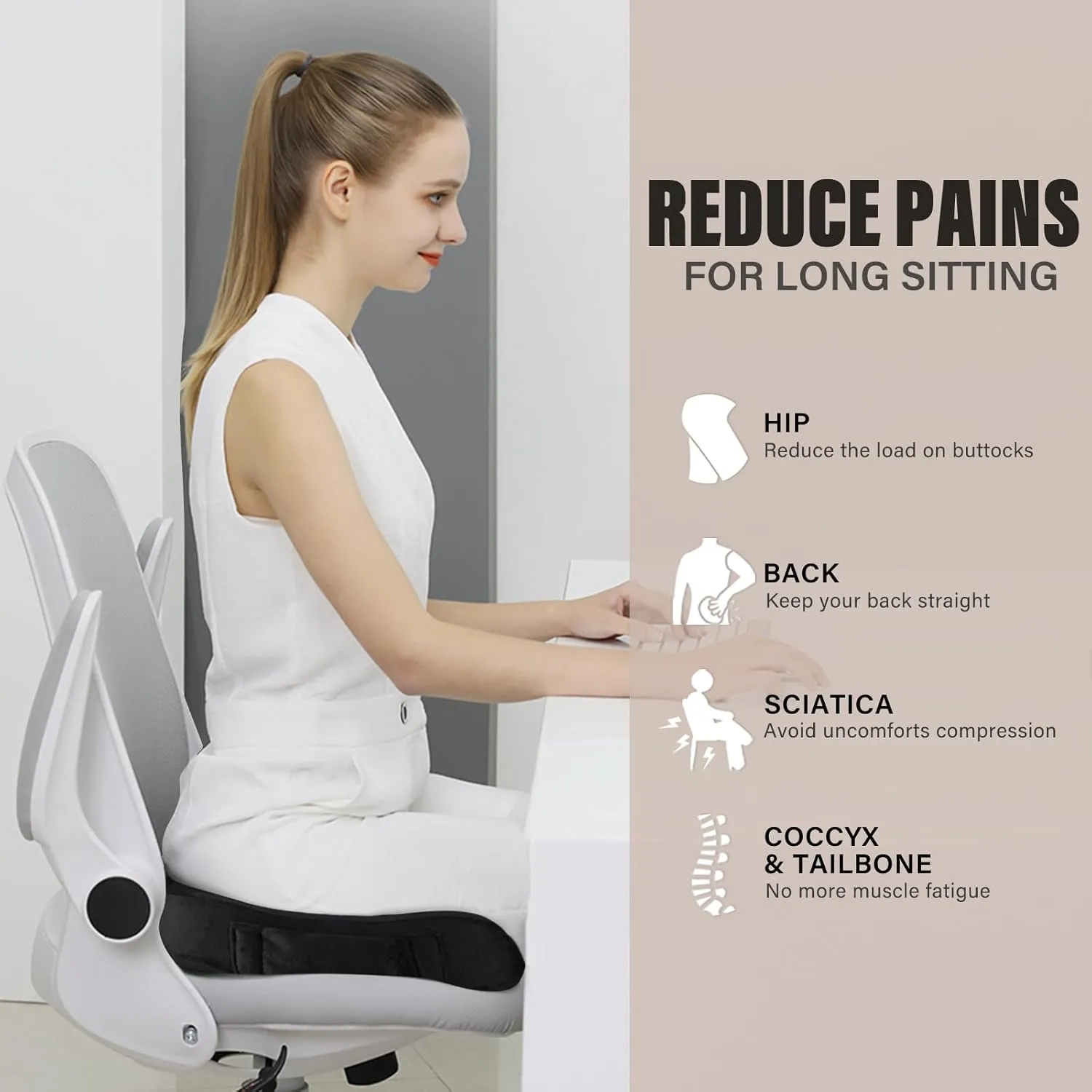WAOAW Seat Cushion, Office Chair Cushions Butt Pillow for Car Long Sitting, Memory Foam Chair Pad for Back, Coccyx, Tailbone Pain Relief, Car Seat Cushion, Gifts for Men Women (Black)
