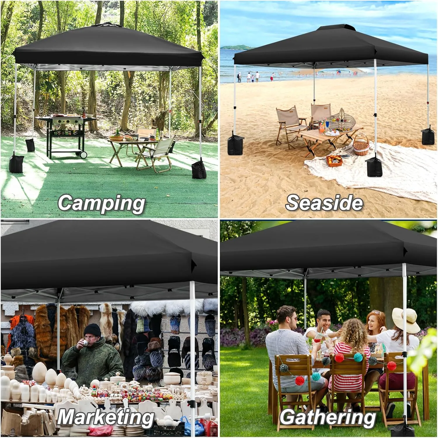 WEIZE Pop up Canopy Tent 10x10ft, 1-Button Push Setup, Instant Portable Shelter, Adjustable Height, Portable Roller Bag, 4 Weight Bags, Guy Ropes & Stakes Included, Black
