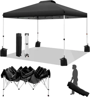 WEIZE Pop up Canopy Tent 10x10ft, 1-Button Push Setup, Instant Portable Shelter, Adjustable Height, Portable Roller Bag, 4 Weight Bags, Guy Ropes & Stakes Included, Black