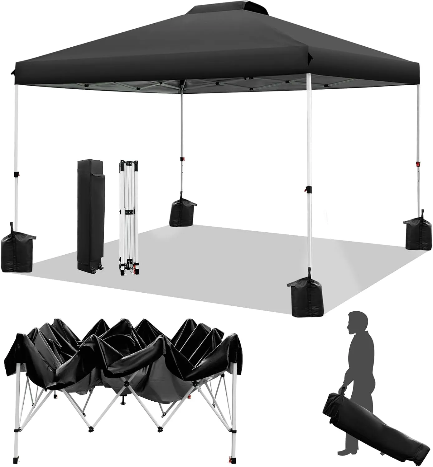 WEIZE Pop up Canopy Tent 10x10ft, 1-Button Push Setup, Instant Portable Shelter, Adjustable Height, Portable Roller Bag, 4 Weight Bags, Guy Ropes & Stakes Included, Black