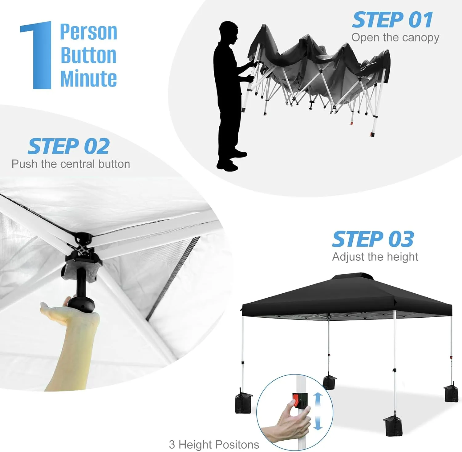 WEIZE Pop up Canopy Tent 10x10ft, 1-Button Push Setup, Instant Portable Shelter, Adjustable Height, Portable Roller Bag, 4 Weight Bags, Guy Ropes & Stakes Included, Black