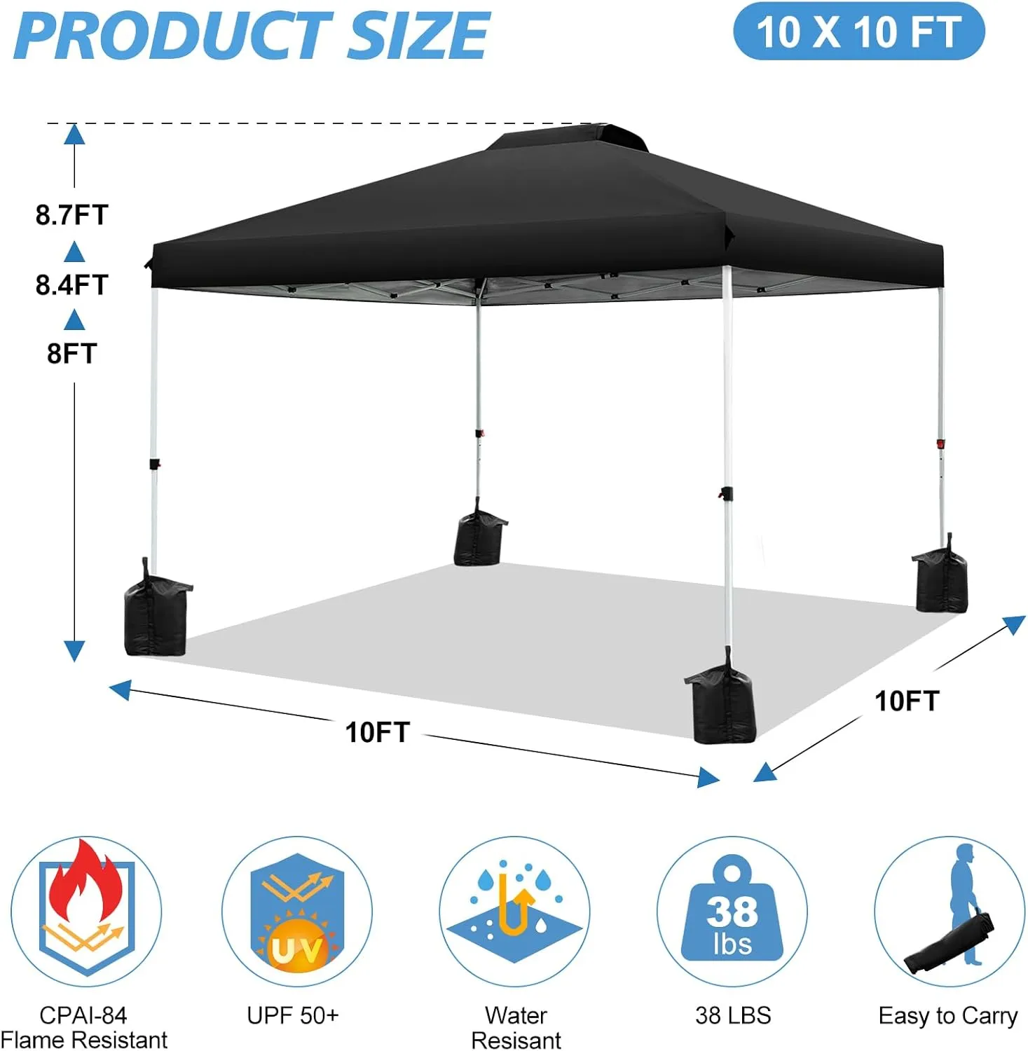 WEIZE Pop up Canopy Tent 10x10ft, 1-Button Push Setup, Instant Portable Shelter, Adjustable Height, Portable Roller Bag, 4 Weight Bags, Guy Ropes & Stakes Included, Black