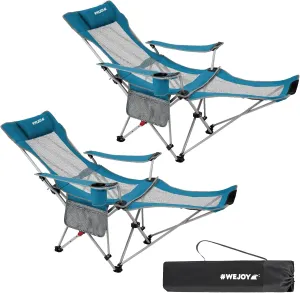 #WEJOY 2-in-1 Reclining Camping Chair, Lightweight Folding Camping Chair with Adjustable Backrest & Footrest, Camping Lounge Chair with Headrest, Cup Holder, Storage Bag, for Beach, Lawn, 2 Pack