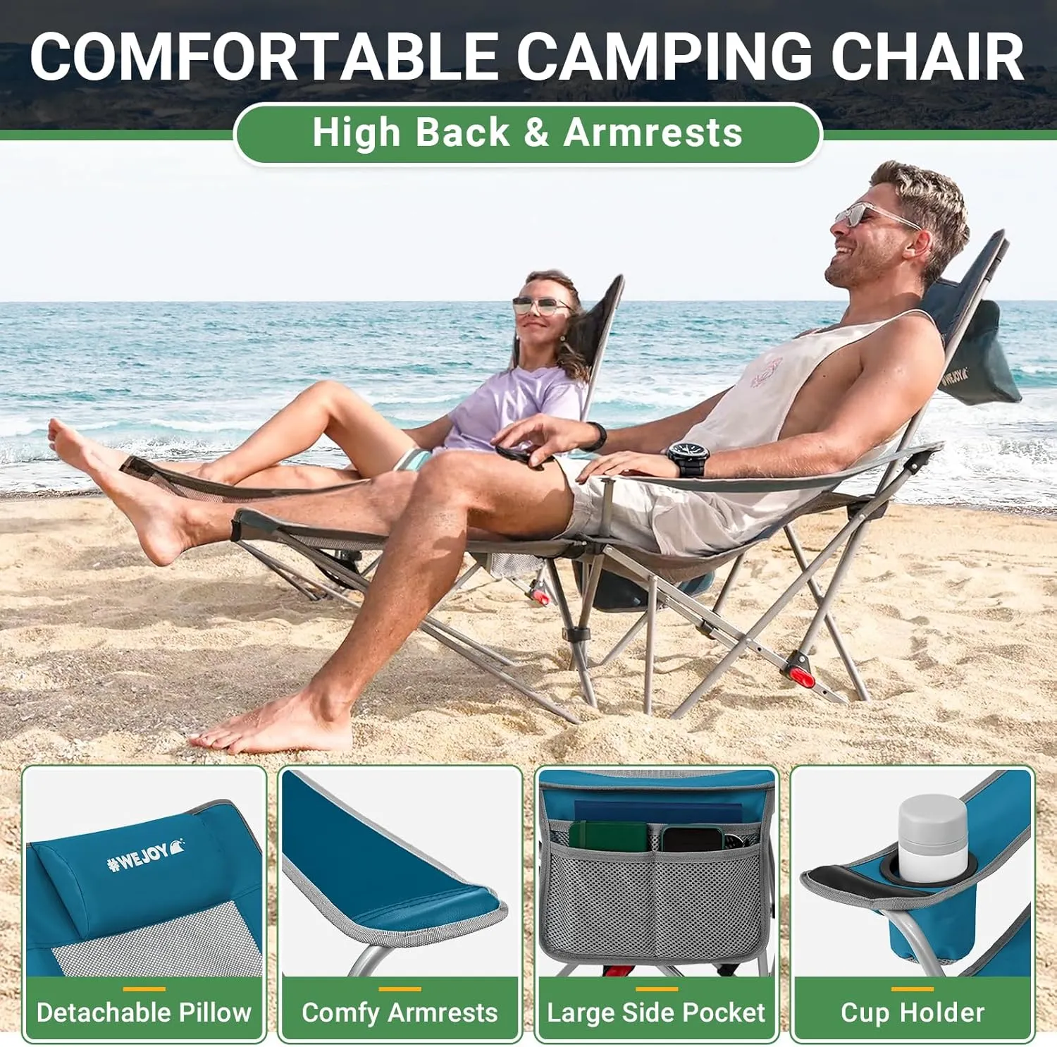 #WEJOY 2-in-1 Reclining Camping Chair, Lightweight Folding Camping Chair with Adjustable Backrest & Footrest, Camping Lounge Chair with Headrest, Cup Holder, Storage Bag, for Beach, Lawn, 2 Pack