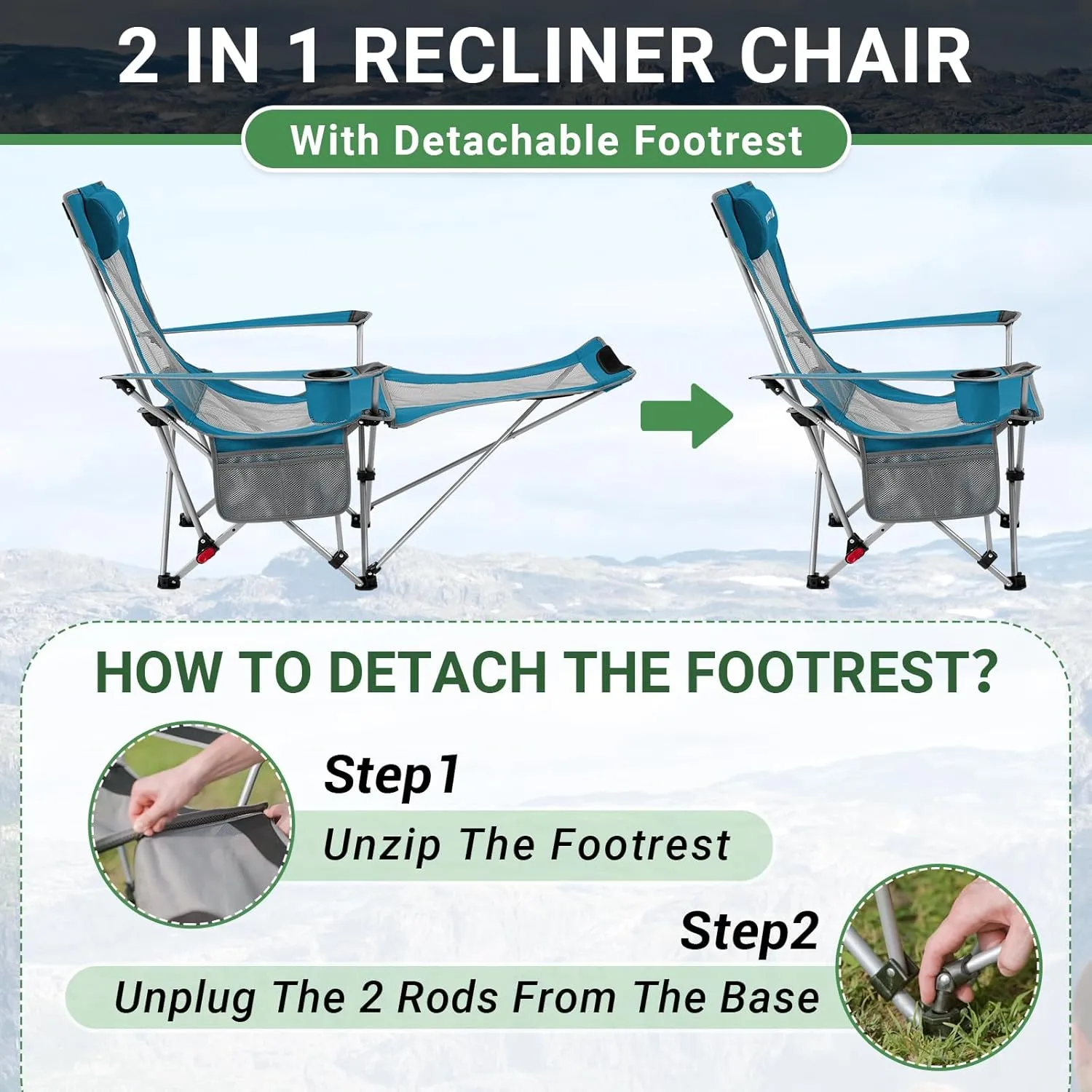 #WEJOY 2-in-1 Reclining Camping Chair, Lightweight Folding Camping Chair with Adjustable Backrest & Footrest, Camping Lounge Chair with Headrest, Cup Holder, Storage Bag, for Beach, Lawn, 2 Pack