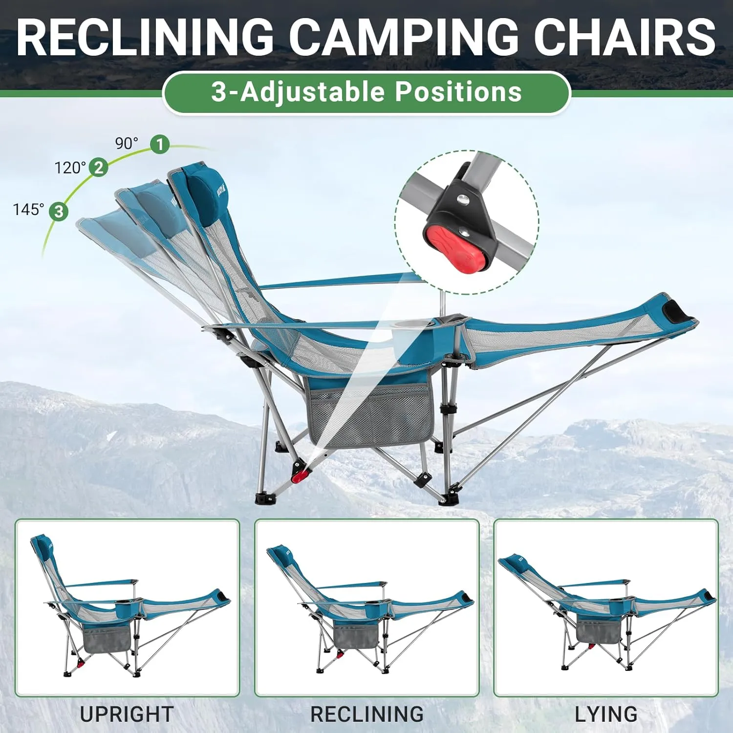 #WEJOY 2-in-1 Reclining Camping Chair, Lightweight Folding Camping Chair with Adjustable Backrest & Footrest, Camping Lounge Chair with Headrest, Cup Holder, Storage Bag, for Beach, Lawn, 2 Pack