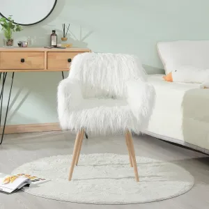 White Faux Fur Upholstered Make up Chair Side Dining Chair with Metal Leg(White Beech Metal Leg)