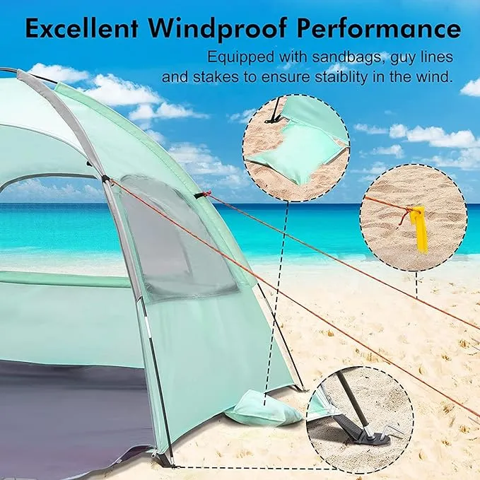 WhiteFang Beach Tent Anti-UV Portable Sun Shade Shelter for 3/4/6 Person, Extendable Floor with 3 Ventilating Mesh Windows Plus Carrying Bag, Stakes and Guy Lines