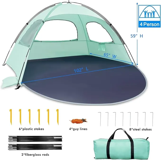 WhiteFang Beach Tent Anti-UV Portable Sun Shade Shelter for 3/4/6 Person, Extendable Floor with 3 Ventilating Mesh Windows Plus Carrying Bag, Stakes and Guy Lines
