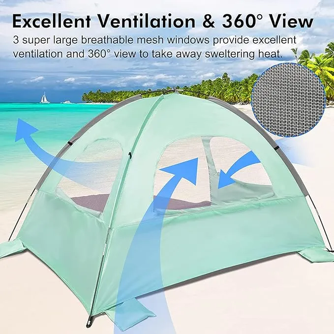 WhiteFang Beach Tent Anti-UV Portable Sun Shade Shelter for 3/4/6 Person, Extendable Floor with 3 Ventilating Mesh Windows Plus Carrying Bag, Stakes and Guy Lines