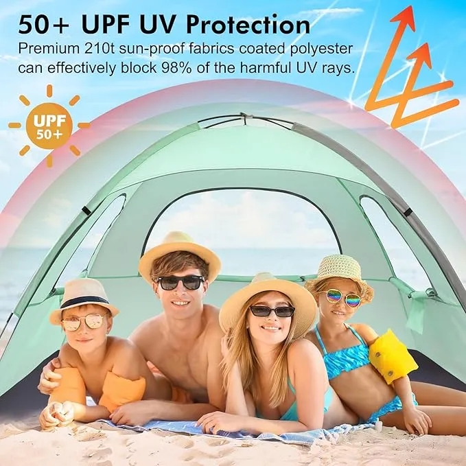WhiteFang Beach Tent Anti-UV Portable Sun Shade Shelter for 3/4/6 Person, Extendable Floor with 3 Ventilating Mesh Windows Plus Carrying Bag, Stakes and Guy Lines