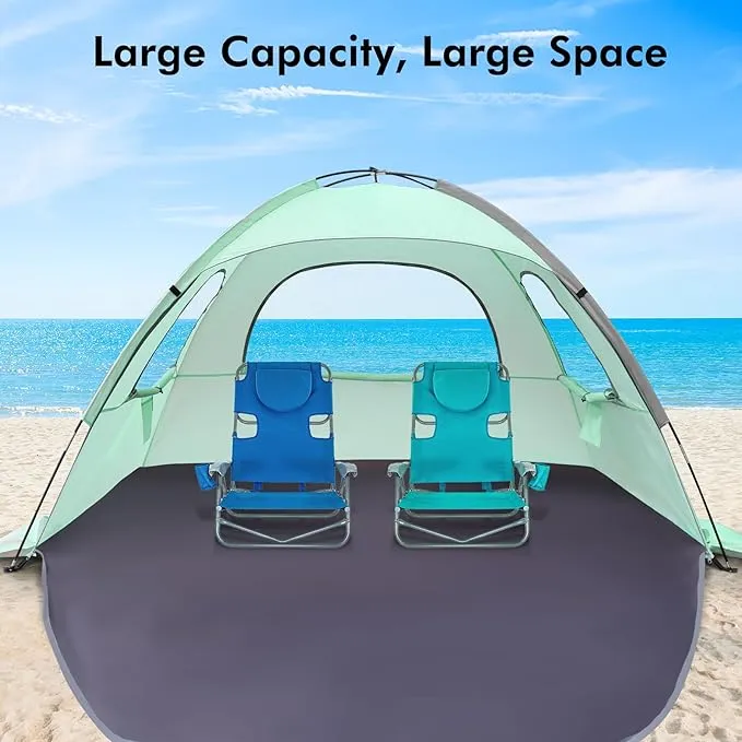 WhiteFang Beach Tent Anti-UV Portable Sun Shade Shelter for 3/4/6 Person, Extendable Floor with 3 Ventilating Mesh Windows Plus Carrying Bag, Stakes and Guy Lines