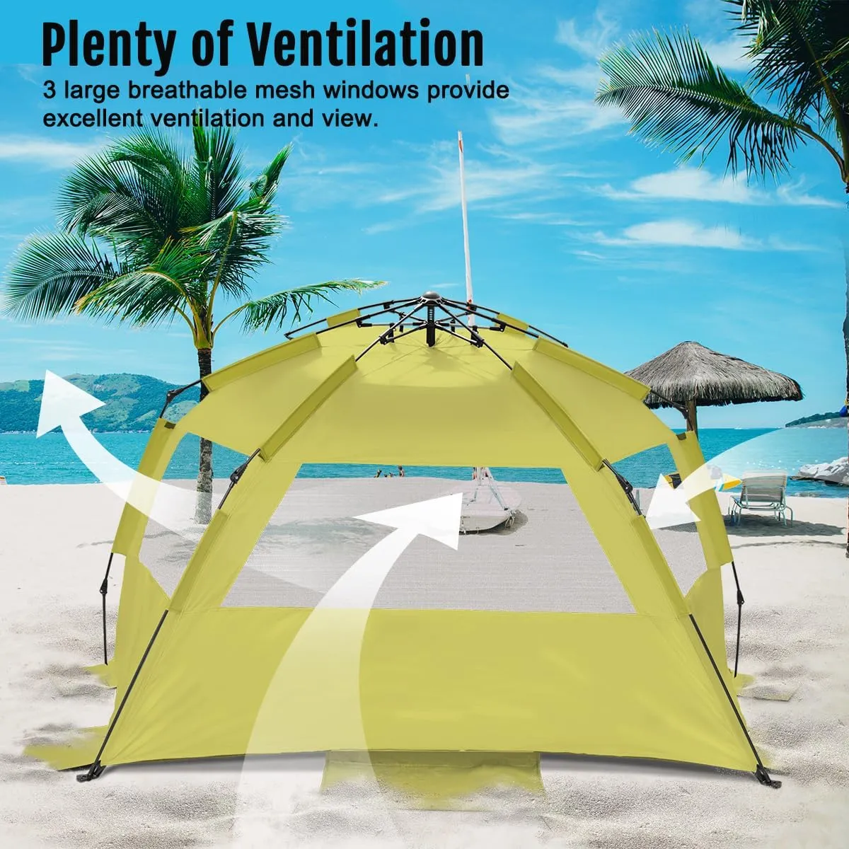 WhiteFang Deluxe Pop Up Beach Tent Sun Shade Shelter for 3-4/5-6 Person, UV Protection, Extendable Floor with 3 Ventilating Windows Plus Carrying Bag, Stakes, and Guy Lines