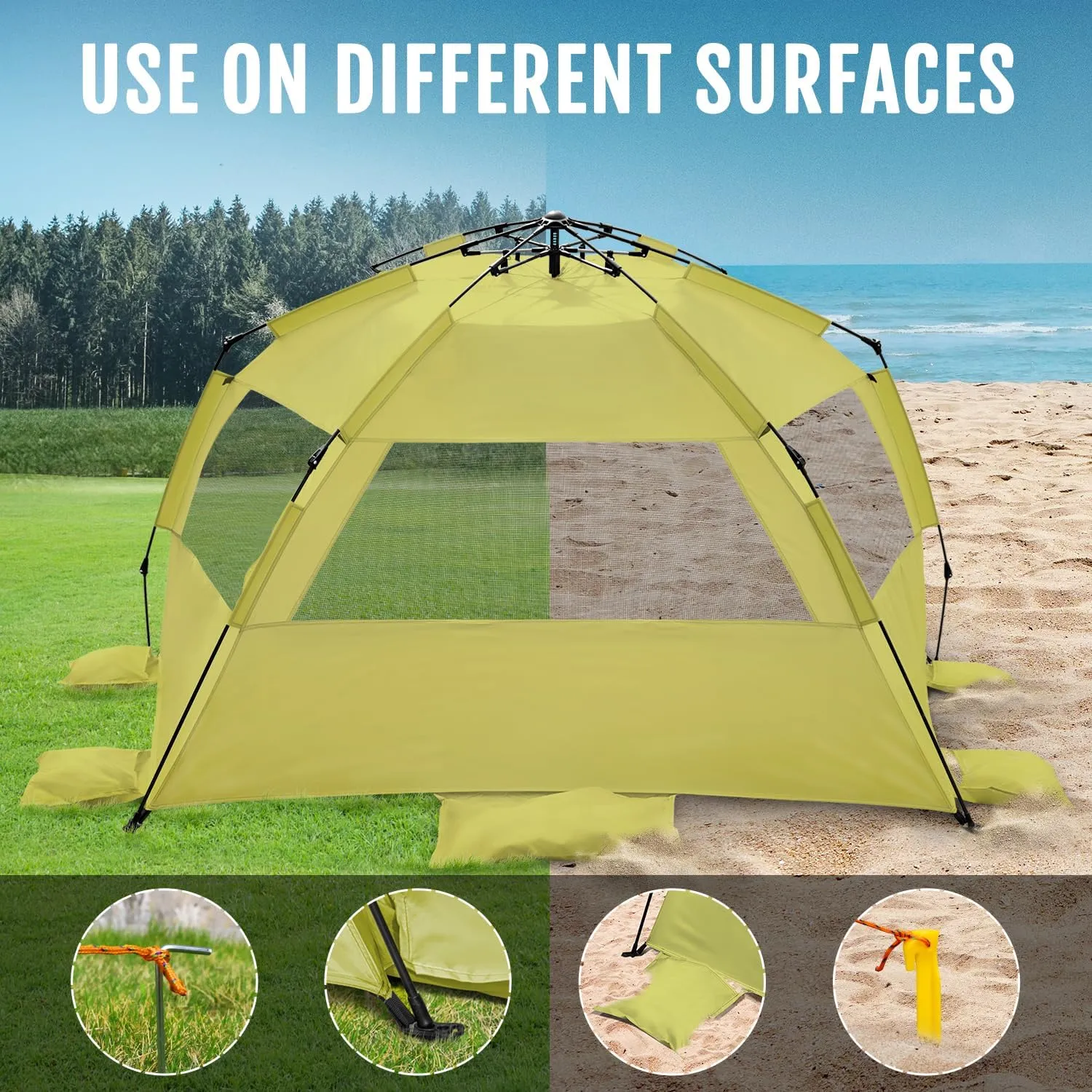 WhiteFang Deluxe Pop Up Beach Tent Sun Shade Shelter for 3-4/5-6 Person, UV Protection, Extendable Floor with 3 Ventilating Windows Plus Carrying Bag, Stakes, and Guy Lines